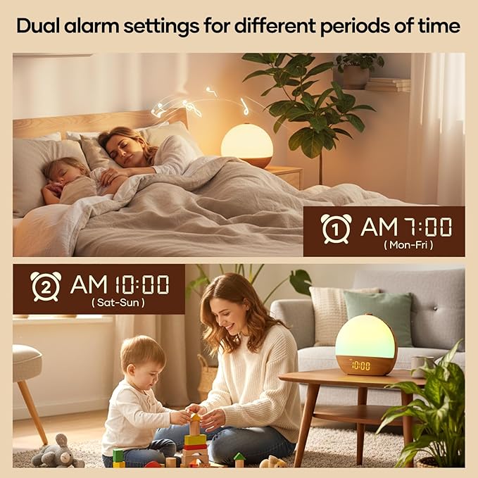 Sunrise Alarm Clock, Sound Machine, Wood Grain Dimmable Night Light for Heavy Sleepers, White Noise Machine for Baby, Dual Alarm Function 30 Sleep Sounds, Wake Up Light with 17 Effects