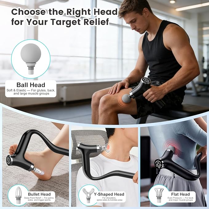 Detachable Long Handle Massage Gun for Back Pain Relief, Deep Tissue Percussion Massager with 12 Speed Levels, Handheld Muscle Massager for Back Shoulders Neck with 4 Attachments