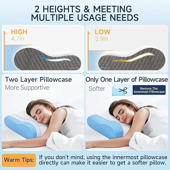 CloudBliss Memory Foam Pillow, Ergonomic Neck Contour Cervical Pillow for Back and Shoulder Pain, Orthopedic Pillow for Neck Pain Relief, for Sleeping Side, Back, Stomach Sleepers - Grey, Standard