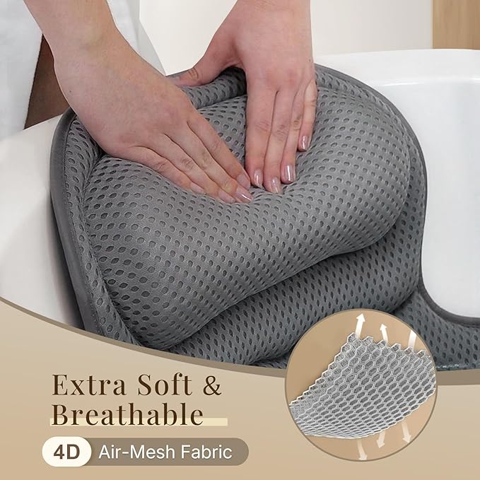 Bath Pillow, Luxury Bath Pillows for Tub, Relaxing Bathtub Pillows for Head and Neck Support, with 4D Air Mesh Fabric and Powerful Suction Cups, Great Bath Tub Accessories, Gray