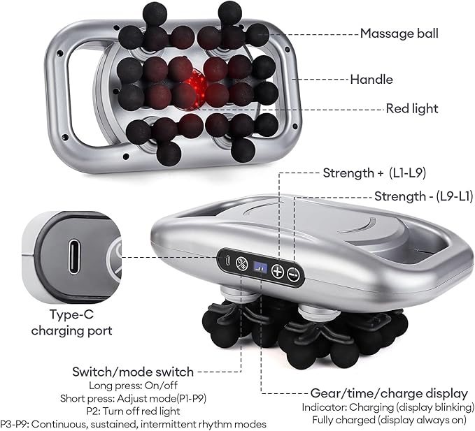 Massage Gun, 28 Head Foot Back Neck Shoulder Massager with 9 Adjustable Multi-Modes & Intensities, Fascia Gun for Athletes, Birthday Gifts for Men