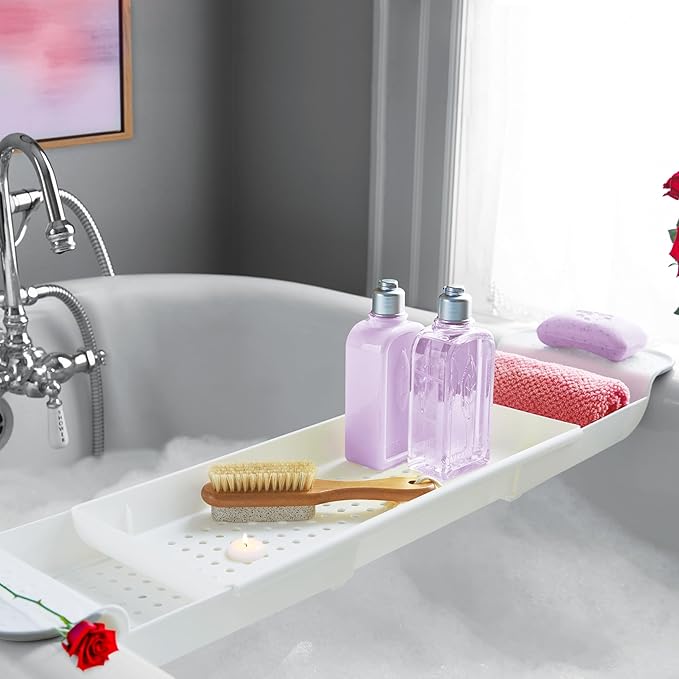 madesmart Expandable Bath Shelf, Adjustable Bathtub Tray for Bath-Night, Holds Glasses, Soaps, Toys & Bath Essentials, Non-Slip Grip, Fits Most Tubs, White