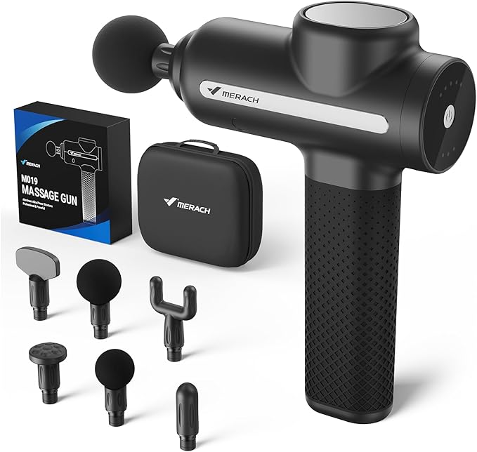 MERACH Pro-Grade Massage Gun, Quiet Massage Gun Deep Tissues, 12MM Percussion Massager Tools for Muscles/Shoulders/Legs/Body Pain Relief, Handheld Massager with 6 Heads & 5 Speeds, Gift for Him