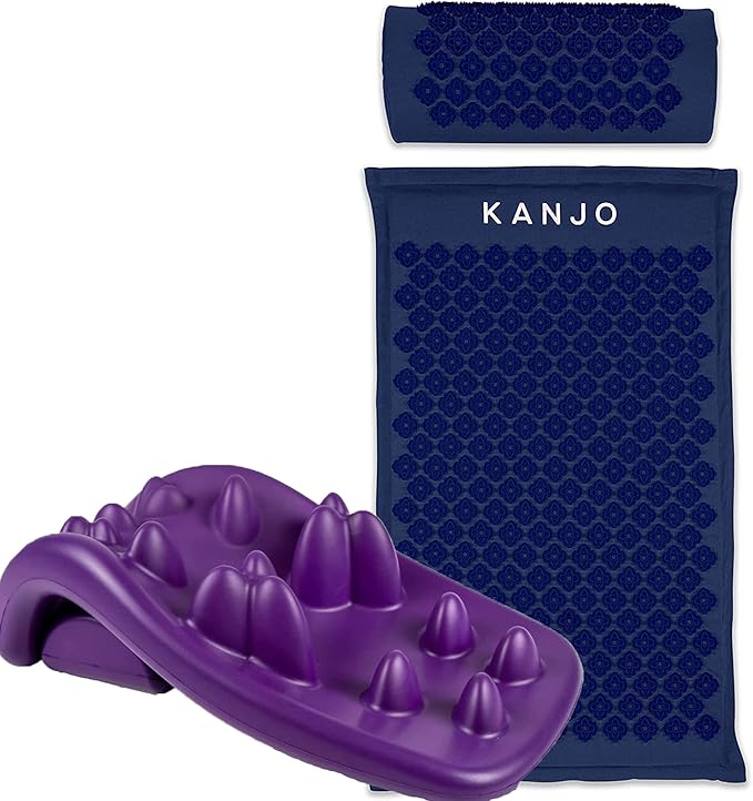 Navy Kanjo Premium Acupressure Mat and Pillow Set for Back Pain Relief & Neck Pain Relief with Carry Bag & Kanjo Neck Stretcher for Cervical Traction, Neck and Shoulder