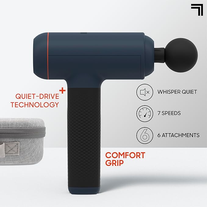 Sharper Image Deep Tissue Percussion Massage Gun, Powerboost Max Rechargeable Handheld Massager, 7 Adjustable Speeds, 6 Attachment Heads & Carrying Case, Full Body Muscle Pain Relief, Blue