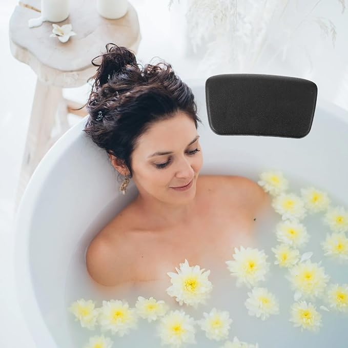 Bathtub Headrest Pillow with Suction Cups, Waterproof Bath Pillow for Tub Soaking, Non-Slip Black Bathtub Cushion for Adults Home Spa Relaxation