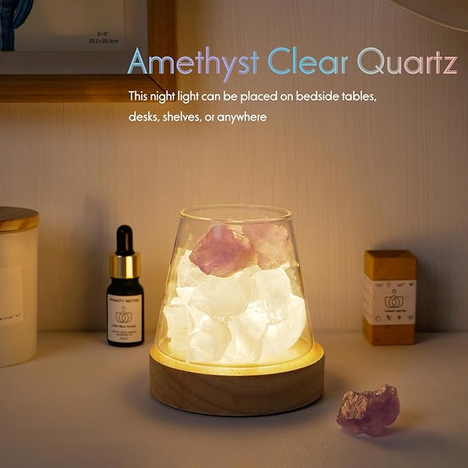 Runyangshi Amethyst Clear Quartz Night Lamp Natural Healing Crystal Aroma Stone Diffuser with Remote Control Bedside Lamp USB Port 7 Colours Dimming Mode Bedroom Lamp Home Decor Gift