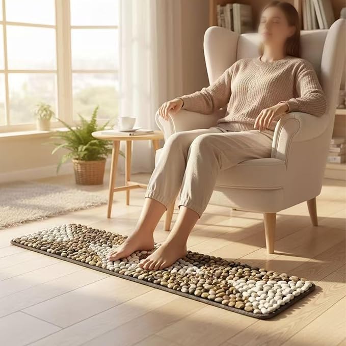 Rain Flower Stone Yin Yang Foot Massager Mat, Natural Pebble Acupressure Pad for Plantar Fasciitis Relief, Reflexology Massage, Brown Butterfly Style, Brown & White, Long