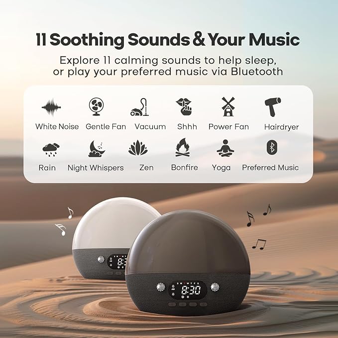 Dekala RestOnn Sunrise Alarm Clock Sunset Sound Machine 7-Day Programmable Loud Dual Alarm Clock, White Noise Natural Sounds for Sleeping Bluetooth Speaker Amber Night Light Smart App Control