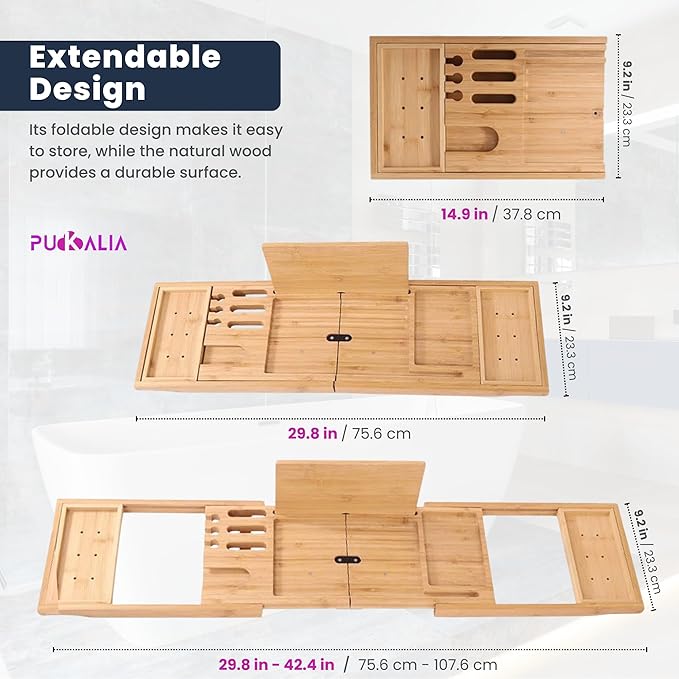 Bathtub Tray Wood Bamboo Caddy Expandable 29 to 42.5 Inch Foldable Design with Wine Glass Holder and Ergonomic Pillow Premium Home Spa Organizer for Luxury Soaking Relaxation