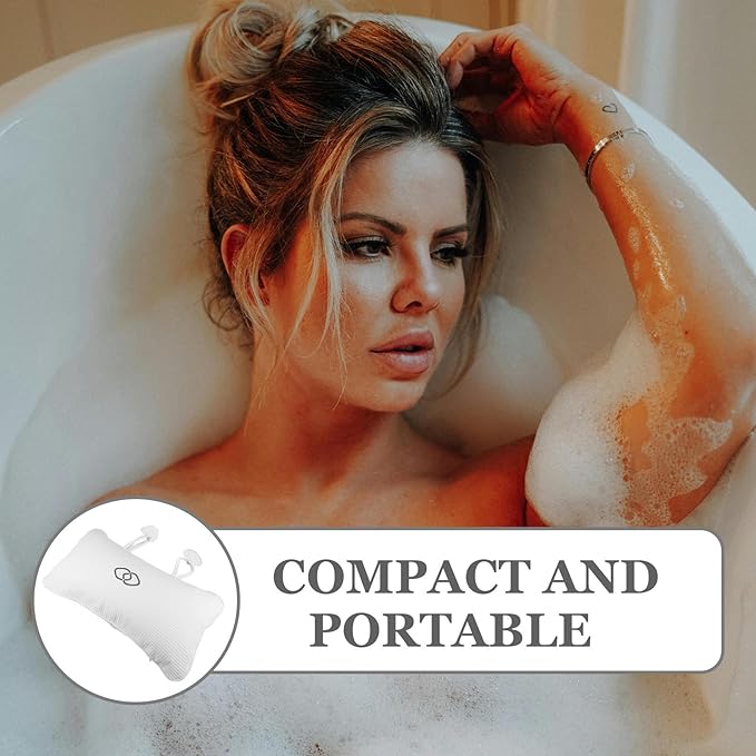 ERINGOGO Inflatable Bath Pillow for Tub, Waffle Embroidered Spa Neck and Headrest Cushion, Waterproof Bathtub Accessory with Suction Cups, Comfortable Tub Pillow for Relaxing Bathing