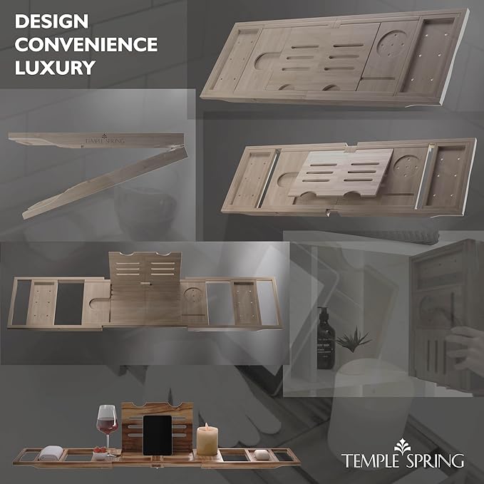 Temple Spring Foldable Bathtub Tray, Unique Design Selfcare Bathroom Caddy, Acacia Spa Bathroom Tray, Wooden Bathtub Accessories, Wedding Gift/Birthday Gift/New Home Bath Table – Not Teak