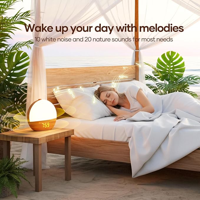 Sunrise Alarm Clock, Sound Machine, Wood Grain Dimmable Night Light for Heavy Sleepers, White Noise Machine for Baby, Dual Alarm Function 30 Sleep Sounds, Wake Up Light with 17 Effects