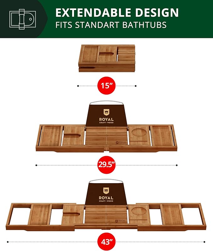 ROYAL CRAFT WOOD Premium Foldable Bathtub Tray Caddy - Wood Bath Tray for Tub, Bamboo Shelf, Expandable Bath Table Trays, Bathtub & Bathroom Accessories for New Home & Mothers, Birthday Gifts for Mom