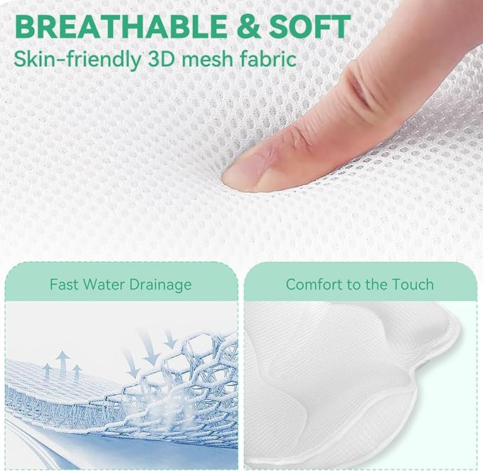 Bath Pillows for Tub - Luxury Bathtub Pillow Neck, Head, Back Support, Soft 4D Mesh Fabric and Non-Slip Suction Cups & Quick Dry, Fits All Tubs, Bath Soaking Accessories Spa Gifts, White