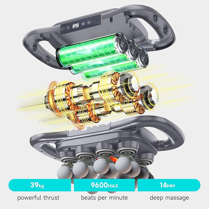 16-Head Massage Gun, Deep Tissue Massager with 9 Modes & Levels, Quiet Muscle Massage Gun for Back, Shoulders, Legs, Foot, Body Muscle Pain Relief, Dark Grey