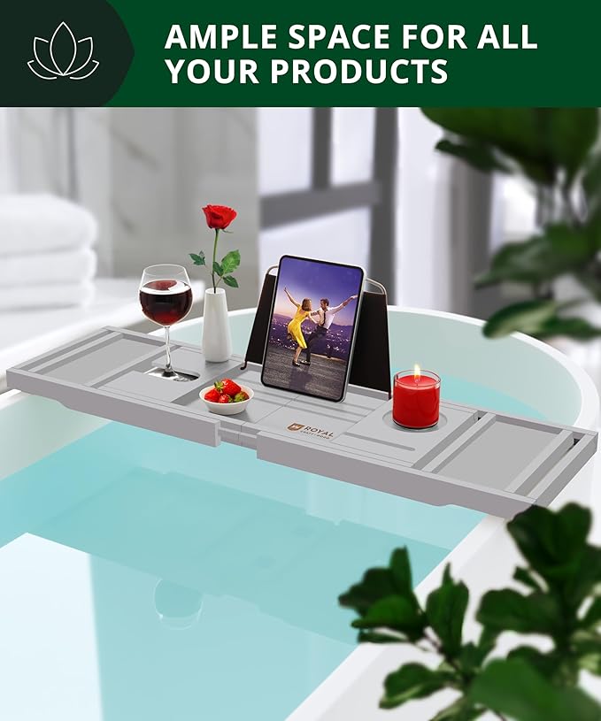 ROYAL CRAFT WOOD Premium Foldable Bathtub Tray Caddy - Wood Bath Tray for Tub, Bamboo Shelf, Expandable Bath Table Trays, Bathtub & Bathroom Accessories for New Home & Mothers, Birthday Gifts for Mom