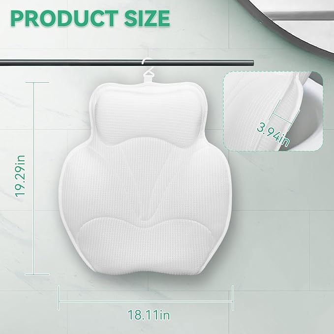 Bath Pillows for Tub - Luxury Bathtub Pillow Neck, Head, Back Support, Soft 4D Mesh Fabric and Non-Slip Suction Cups & Quick Dry, Fits All Tubs, Bath Soaking Accessories Spa Gifts, White