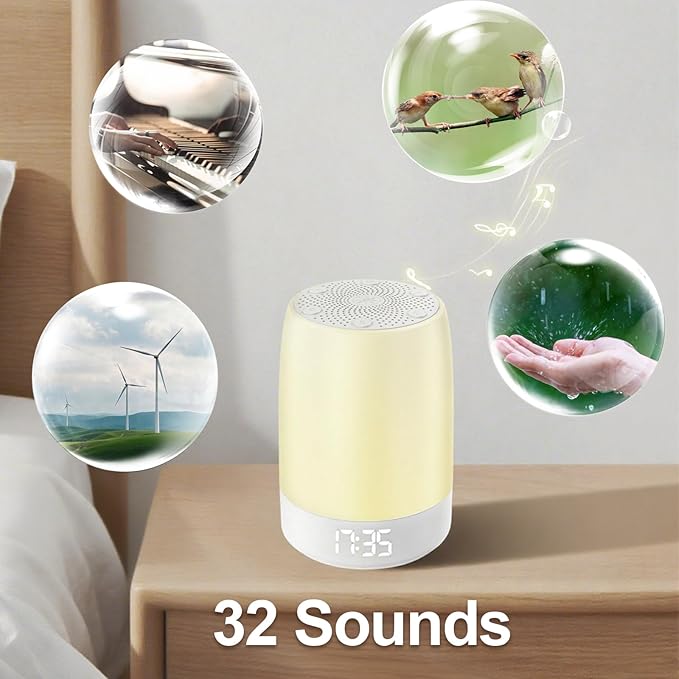 White Noise Machine Alarm Clock for Baby Adults Kids with 32 Soothing Sounds 8 Colors Rainbow Breathing Light，Toddler Sleep Trainer with Timer, App Remote Control，Bluetooth Playback for Bedroom