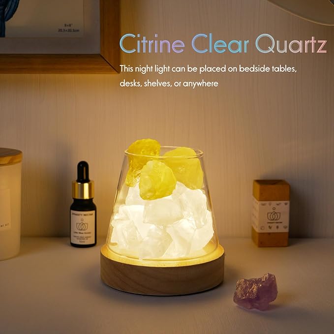 Runyangshi Citrine Clear Quartz Night Lamp Natural Healing Crystal Aroma Stone Diffuser with Remote Control Bedside Lamp USB Port 7 Colours Dimming Mode Bedroom Lamp Home Decor Gift