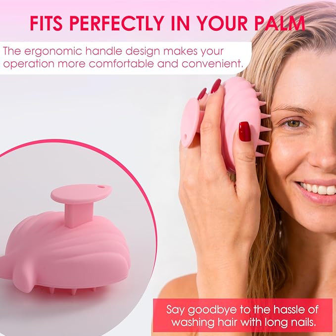 Detangling Silicone Scalp Scrubber Brush, for Wet or Dry Hair, Scalp Brush for Hair Growth and Dandruff Removal,Ergonomic Scalp Massager（Pink）