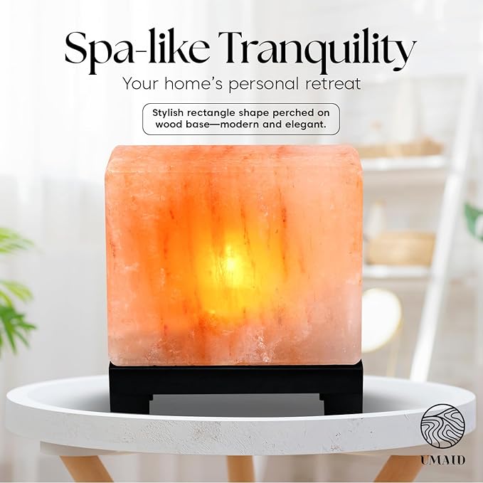 UMAID Himalayan Salt Lamp Rectangle, Natural Pink Rock Lamp on Modern Wood Base with Night Light Bulb and Dimmable Cord, Unique Home Decor, Zen Gifts, Perfect for Spa and Meditation Accessories