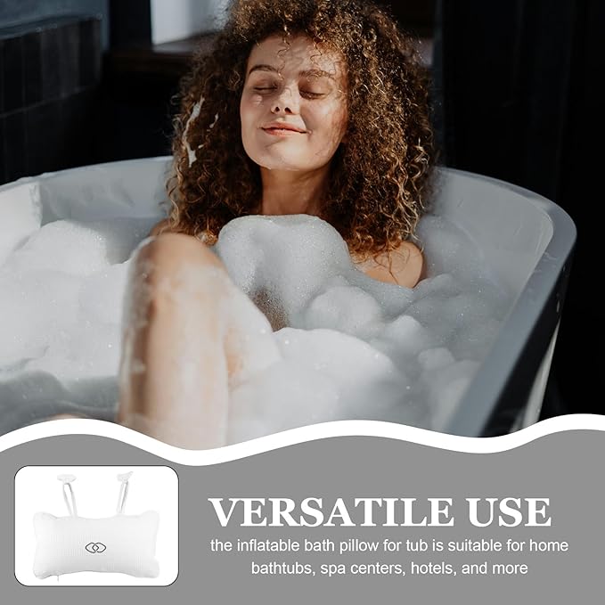 ERINGOGO Inflatable Bath Pillow for Tub, Waffle Embroidered Spa Neck and Headrest Cushion, Waterproof Bathtub Accessory with Suction Cups, Comfortable Tub Pillow for Relaxing Bathing