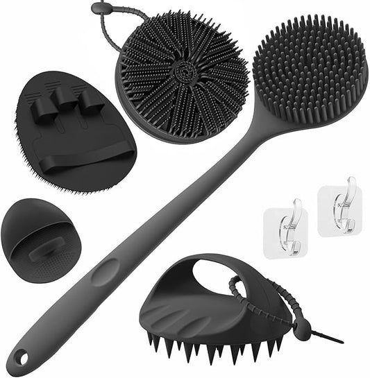 Manmihealth Silicone Back Scrubber & Soft Bath Glove, Silicone Scalp Massager Set 5 PCS, Super-Exfoliating Body Scrubber Shower Brush & Shampoo Brush Combination, with 2 Free Hooks (Style 2 Black)