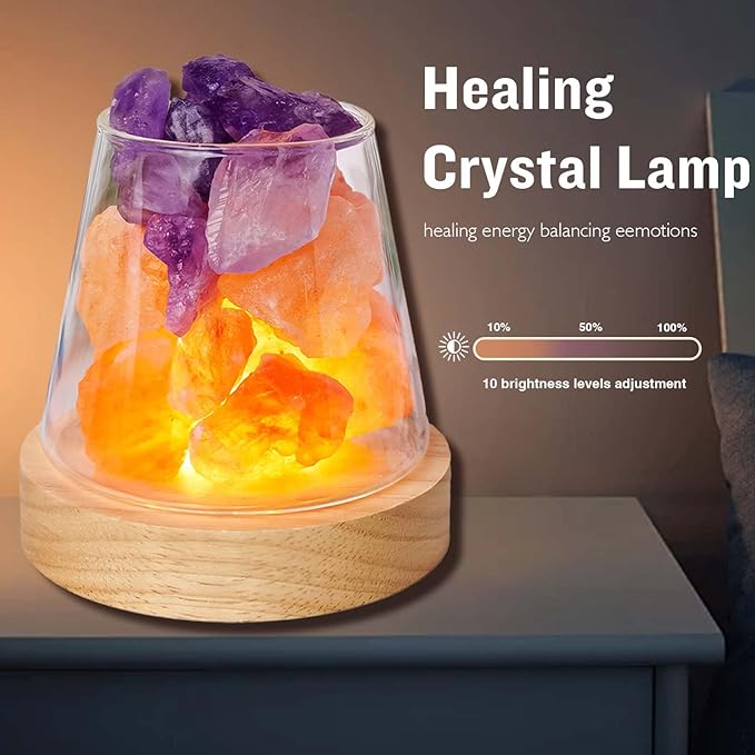 Runyangshi Healing Crystal Night Light Natural Himalayan Salt & Amethyst Raw Stones Aroma Diffuser USB Powered 3 Colour Adjustable Bedside Lamp for Bedroom Living Room Yoga Meditation Home Decor Gift
