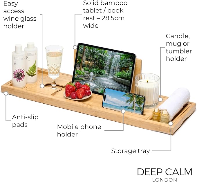 Deep Calm Bathtub Tray Caddy - Bamboo Foldable Bath Tub Table, Expandable Bath Tray Holds All Bathtub Accessories, Perfect Luxury Relaxing Gift for Self Care