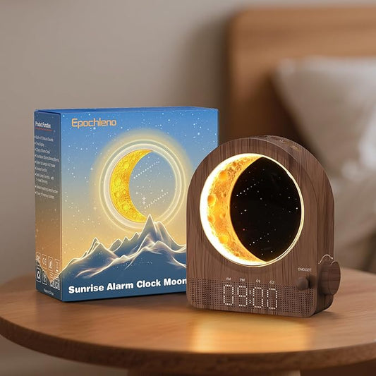 Sunrise Alarm Clock, White Noise Machine & Meteor Moonlight - 10 Soothing Sounds, Dual Alarms, 30/60/90min Timer, Easy Snooze - Bedroom Gift for Insomnia Adults/Women - Walnut