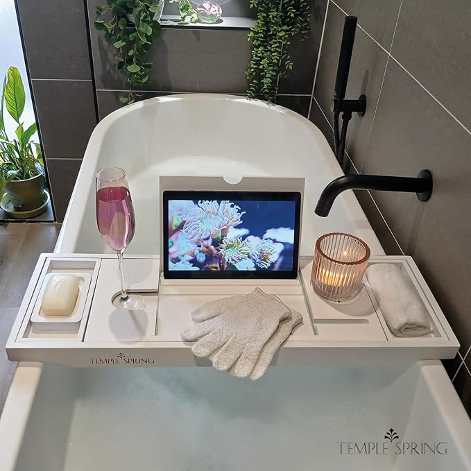 Temple Spring Wooden Bathtub Tray, Bamboo Bathroom Accessories, Bath Tray for Tub, at Home Spa Essentials, Board for Tub Table, Bath Caddy for Bathtub Accessories & Bathroom Essentials – White