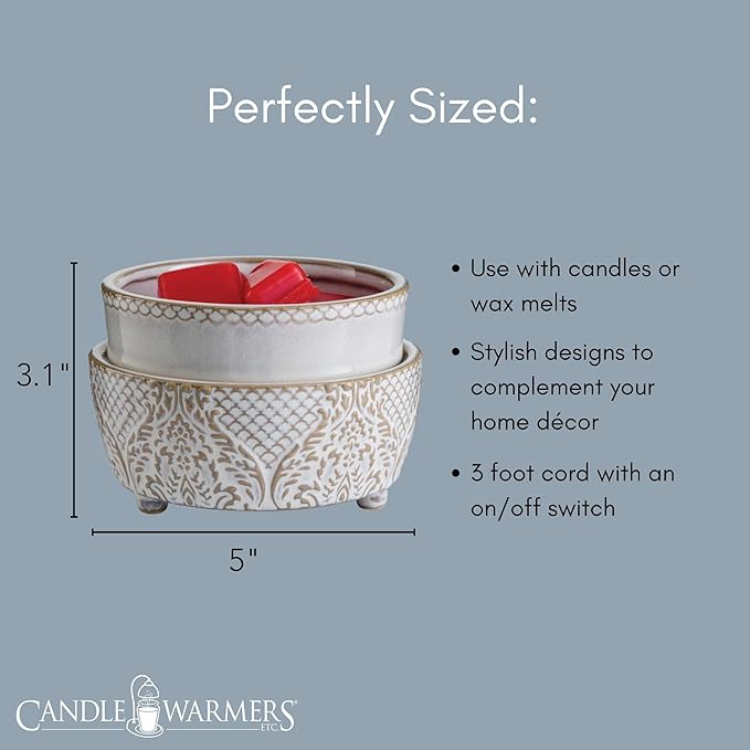 Candle Warmers ETC 2-in-1 Candle and Fragrance Warmer for Warming Scented Candles or Wax Melts and Tarts with to Freshen Room, Vintage White Lace