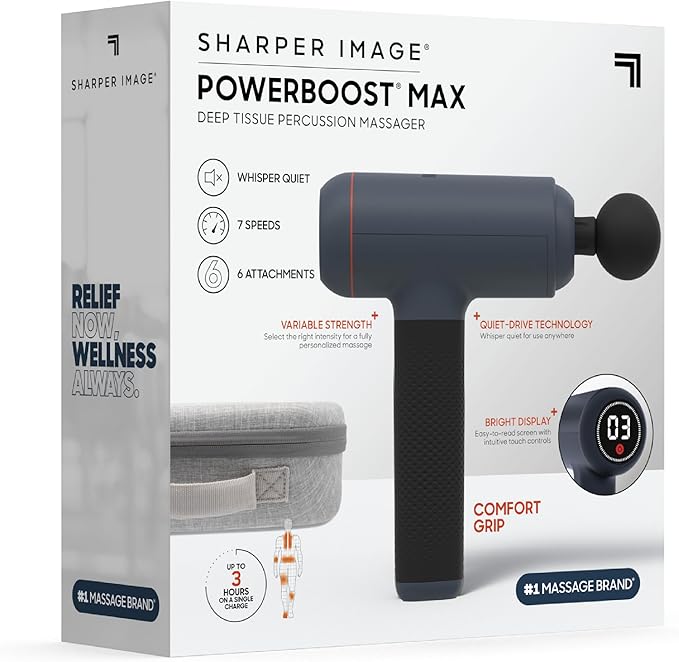 Sharper Image Deep Tissue Percussion Massage Gun, Powerboost Max Rechargeable Handheld Massager, 7 Adjustable Speeds, 6 Attachment Heads & Carrying Case, Full Body Muscle Pain Relief, Blue