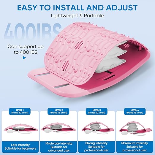 Ergonomic Lumbar Support Board, Lower Back Stretcher Adjustable Air Compression Mat Spinal Decompression Device, Back Stretcher for Lower Back Pain Relief,Ideal for Adults at Home or Work(pink)