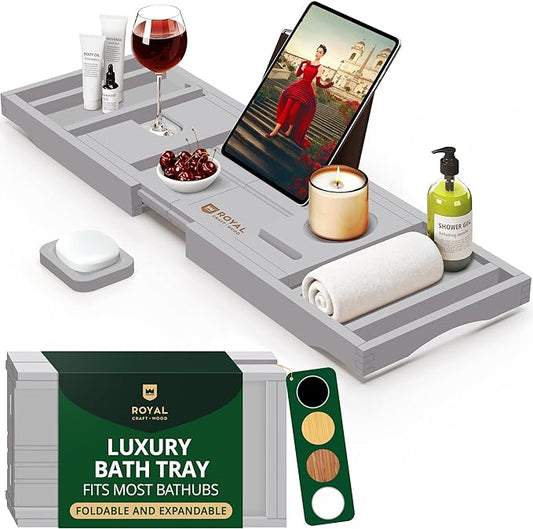 ROYAL CRAFT WOOD Premium Foldable Bathtub Tray Caddy - Wood Bath Tray for Tub, Bamboo Shelf, Expandable Bath Table Trays, Bathtub & Bathroom Accessories for New Home & Mothers, Birthday Gifts for Mom