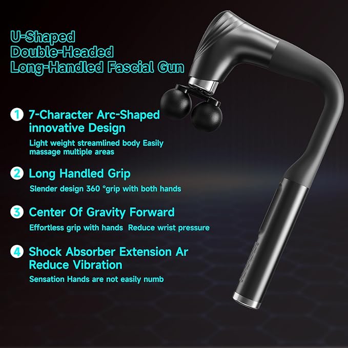 Double-Headed Elbow Massage Gun, Percussion Muscle Massager, Suitable For Sore Muscles In The Back, Shoulders, Waist And Legs, Detachable Extended Handle, 12-Speed Adjustable, 5 Heads Are Replaceable