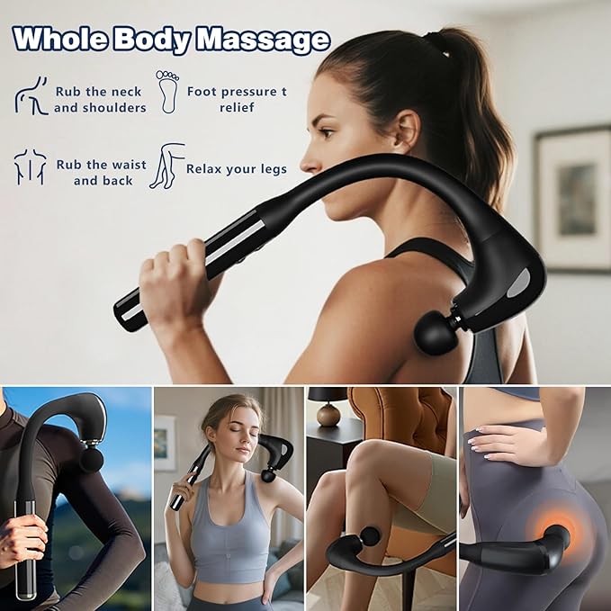 Deep Tissue Massage Gun with Extension Handle - 10mm Percussion Massager for Neck, Back & Shoulder Pain Relief, Handheld Portable Muscle Massager Gun for Athletes, 5 Speed & 4 Attachments