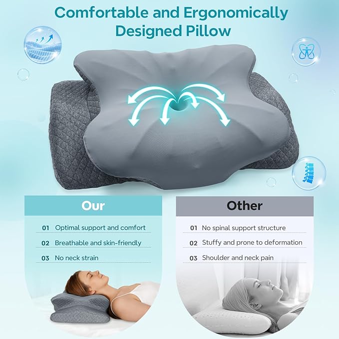 Cervical Neck Pillow for Sleeping, Ergonomic Memory Foam Pillow for Neck Pain Relief, Dual Height Contour Support for Side and Back Sleepers, Cooling Breathable Pillowcase, Grey