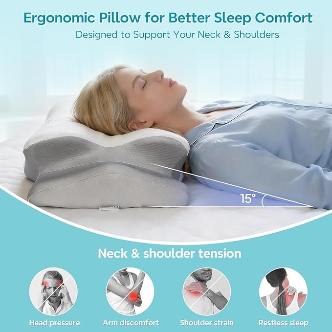 Cervical Pillow for Neck Pain Relief, Ergonomic Pillow for Side Sleeper, Memory Foam Neck Support for Back Sleepers, Dual Height Contour Pillow with Cooling Breathable Cover, White & Grey