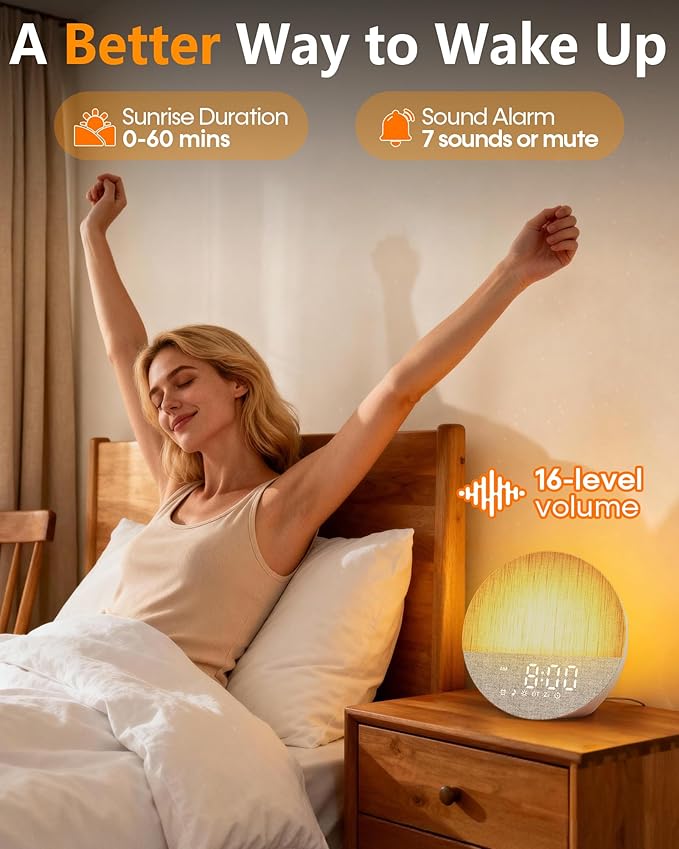 Sunrise Alarm Clock with Sound Machine: Gentle Gradual Wake Up Light for Heavy Sleepers Relieve Anxiety Dimmable Clock with Bluetooth Memory for Bedroom - White Noise Machine with 30 Sleep Sounds