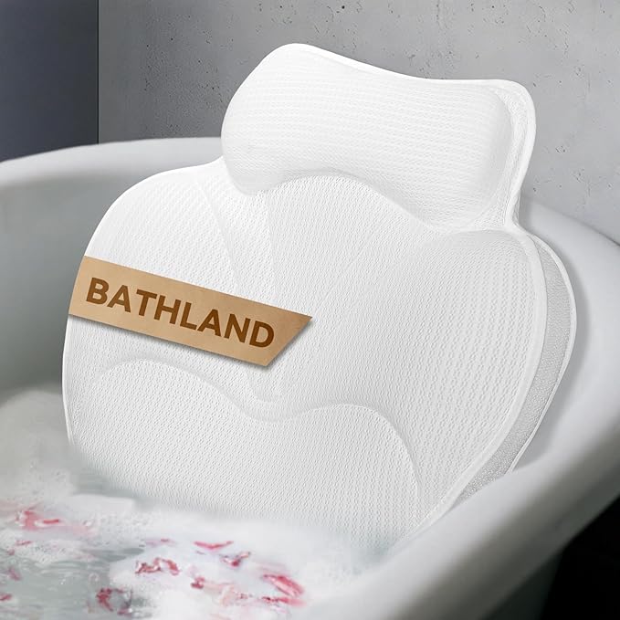 Bath Pillows for Tub - Luxury Bathtub Pillow Neck, Head, Back Support, Soft 4D Mesh Fabric and Non-Slip Suction Cups & Quick Dry, Fits All Tubs, Bath Soaking Accessories Spa Gifts, White
