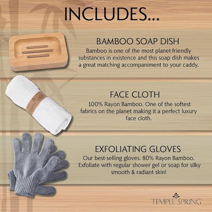 Temple Spring Bamboo Bathtub Tray Caddy for Tub — Expandable Wood Bath Tray with Solid Book Stand Wine Holder and Non-Slip Pads — Includes Bamboo Soap Dish and Spa Accessories — Luxury Bath Gift Set