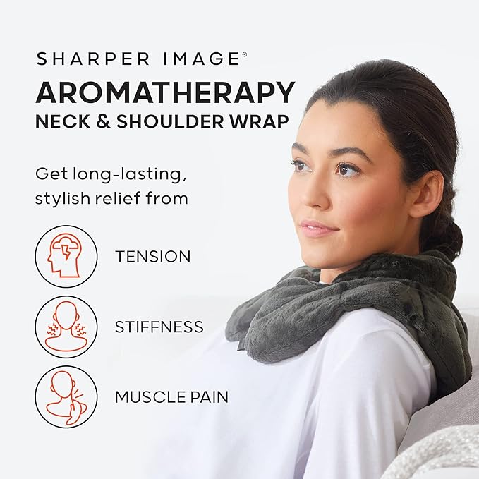 Sharper Image Heated Neck & Shoulder Wrap - Microwavable Warm & Cooling Plush Pad, Scented Aromatherapy (100% Natural Lavender & Herb Spa Blend), Pain Tension Headache Relief Therapy, Gift for Women