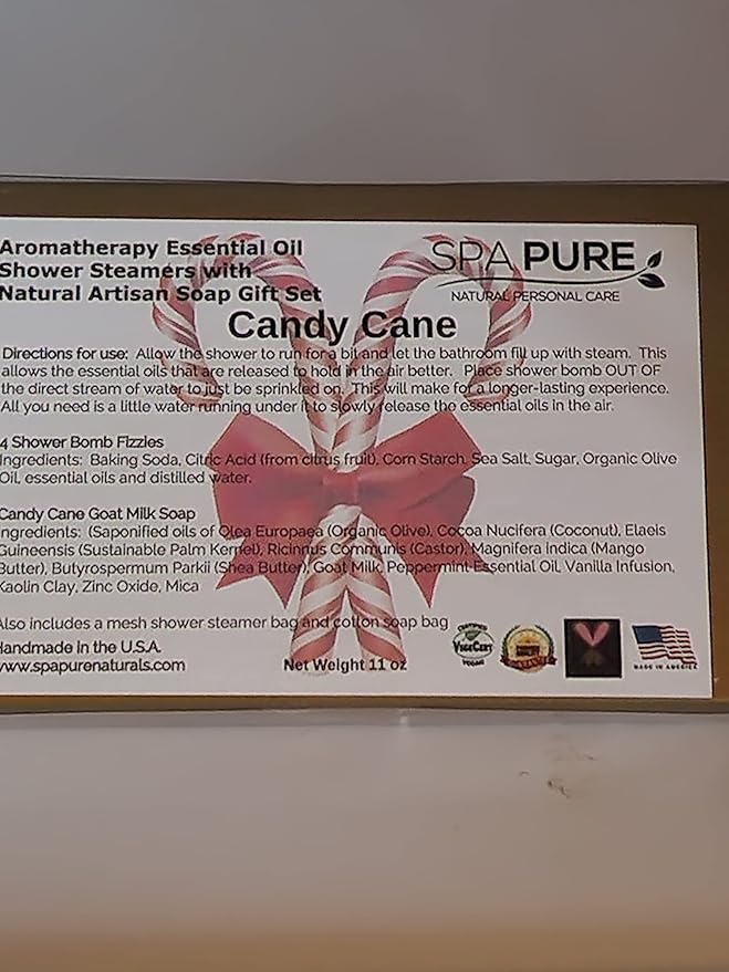 Spa Pure Aromatherapy Gift Set: Candy Cane Artisan soap, 4 Shower Steamers, made with plant based ingredients, essential oils, all natural, Cotton Soap and Steamer Bag