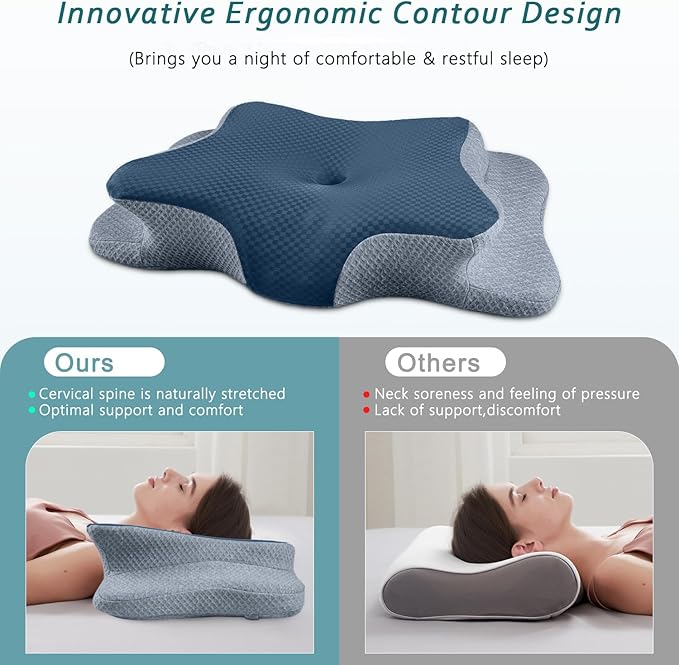 Cervical Neck Pillow for Pain Relief Sleeping, Contour Memory Foam Pillows, Ergonomic Side Sleeper Pillows for Adults, Cooling Pressure-Relieving Neck Support Pillow for Back Stomach Sleepers