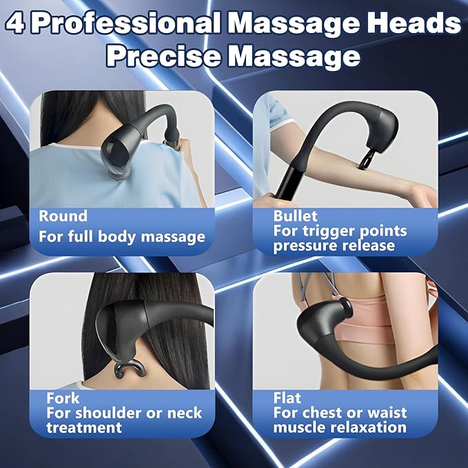 Deep Tissue Massage Gun with Extension Handle - 10mm Percussion Massager for Neck, Back & Shoulder Pain Relief, Handheld Portable Muscle Massager Gun for Athletes, 5 Speed & 4 Attachments