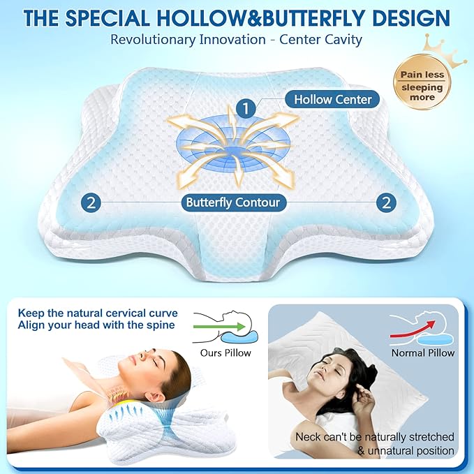 Memory Foam Pillow, Cervical Pillow for Neck and Shoulder Pain Relief, Ergonomic Contour Bed Pillow, Soft for Side Sleep Stomach Sleeping and Back Sleeper