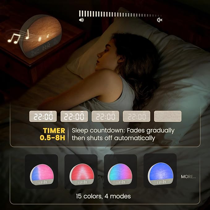 Tap Snooze Sunrise Alarm Clock, Wake Up Light Alarm with Remote Control, Bluetooth Speaker & USB Charging, 37 Sounds White Noise Machine, 15 Colors Dimmable Night Light for Heavy Sleepers