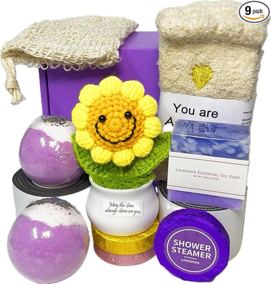 Bath Sets for Women Gift - Lavender Bath Bombs Soap Shower Steamer Positive Sunflower for Birthday Christmas Mother's Day, Sending Sunshine, Get Well Soon, Uplifting, Relaxing for Her